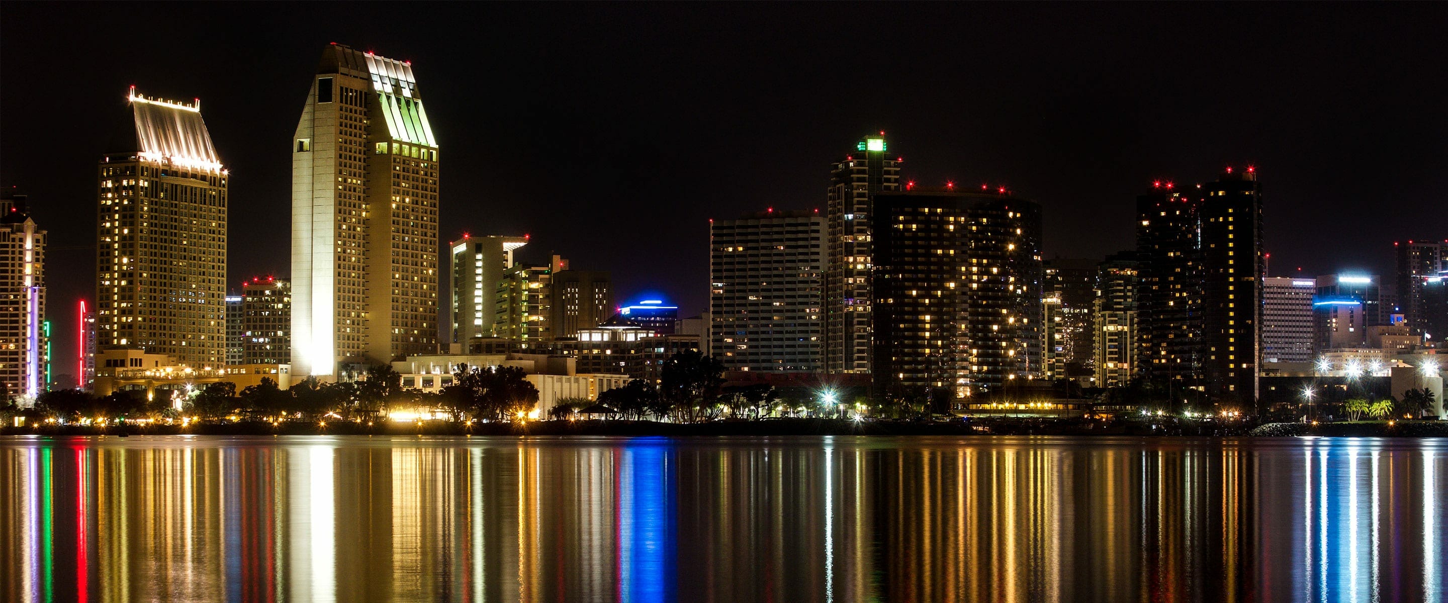Night time view of San Diego, California skyline