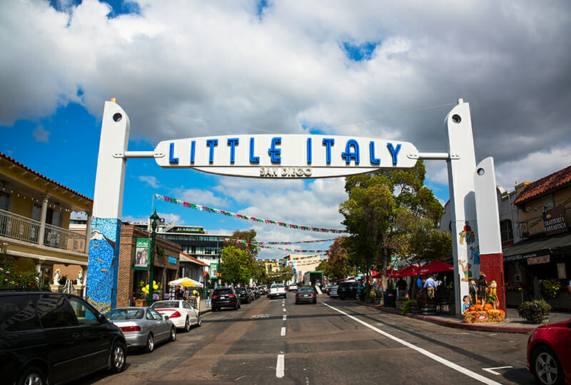 The sign across India Street in the center of the Little Italy neighborhood of San Diego, California