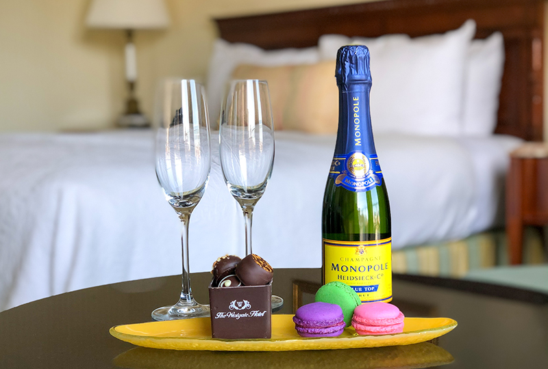 Toast to an unforgettable evening and indulge your luxurious side. Includes: a 375 ml bottle of Heidsieck & Co. Monopole Brut Champagne, 3 macaroons, and a box of chocolates. $89